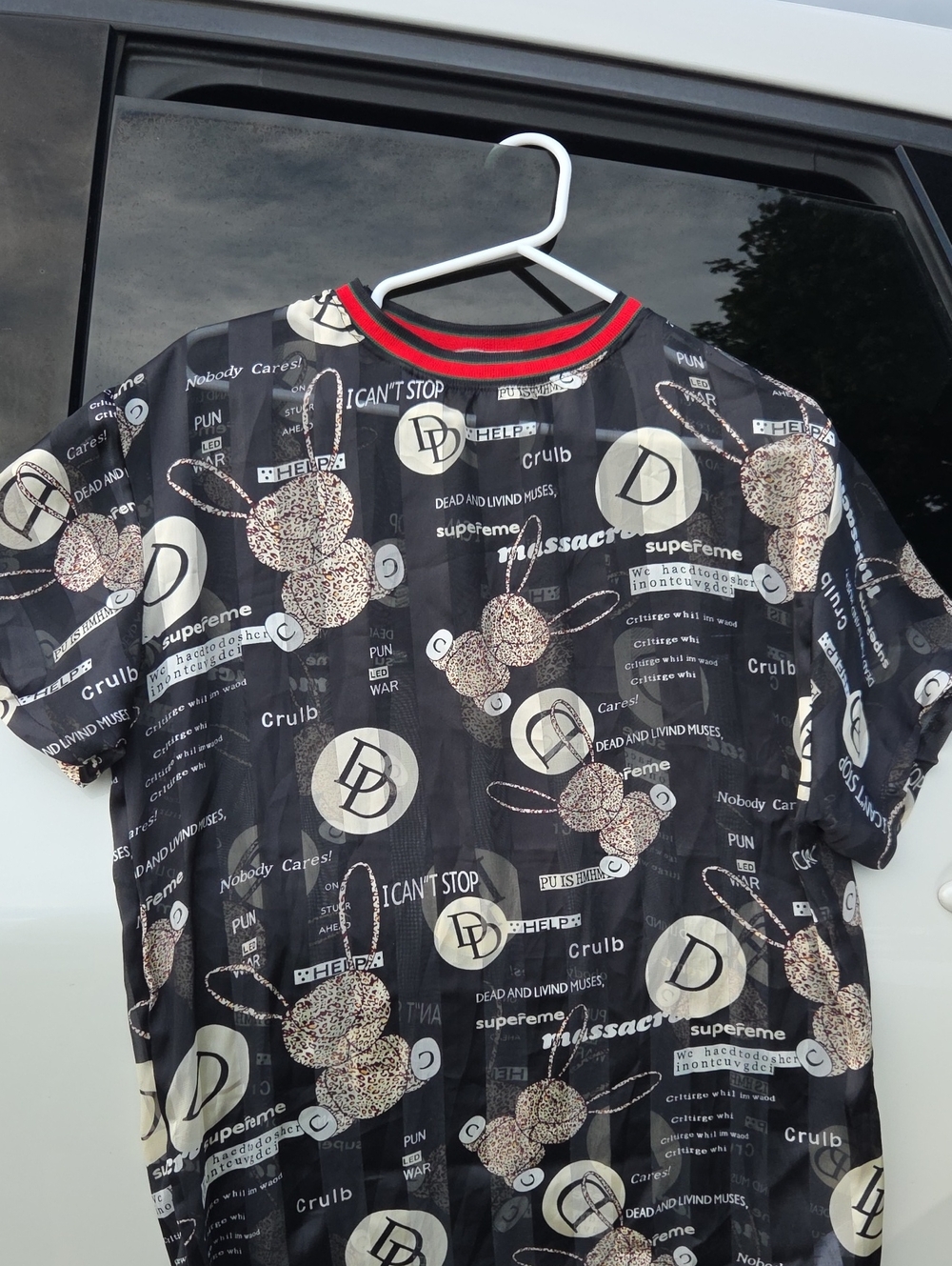 Gucci Black Graphic Short-Sleeve Sheer Tee with Red-Trim Collar